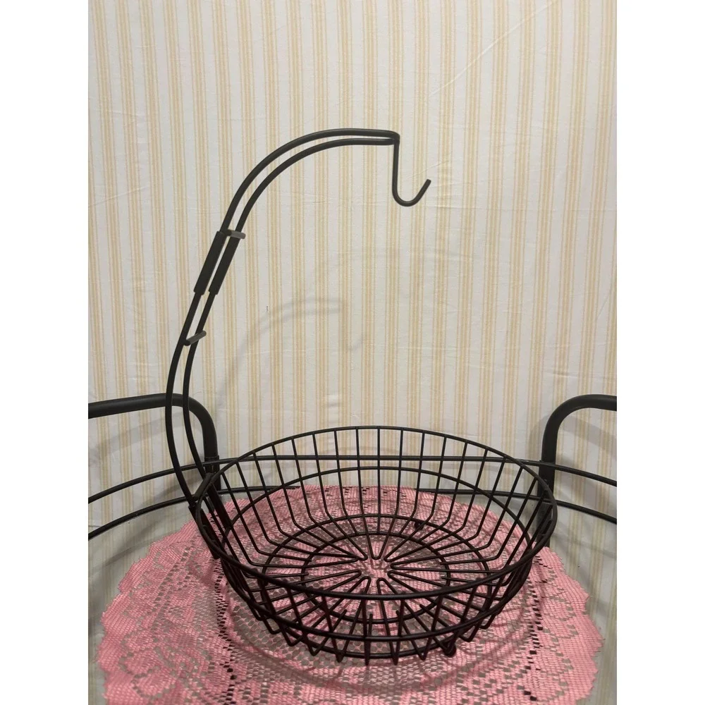 Black Metal Wire Fruit Bowl with Banana Hanger Hook Kitchen Countertop Storage